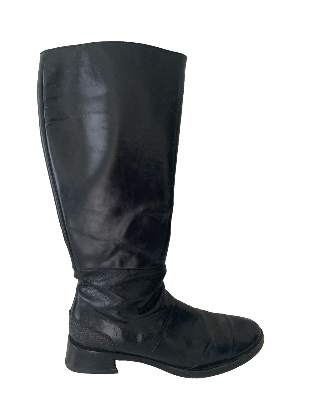 Costume National Boot Black Tall Leather Round Toe Low Block Heel Side Zip 39
